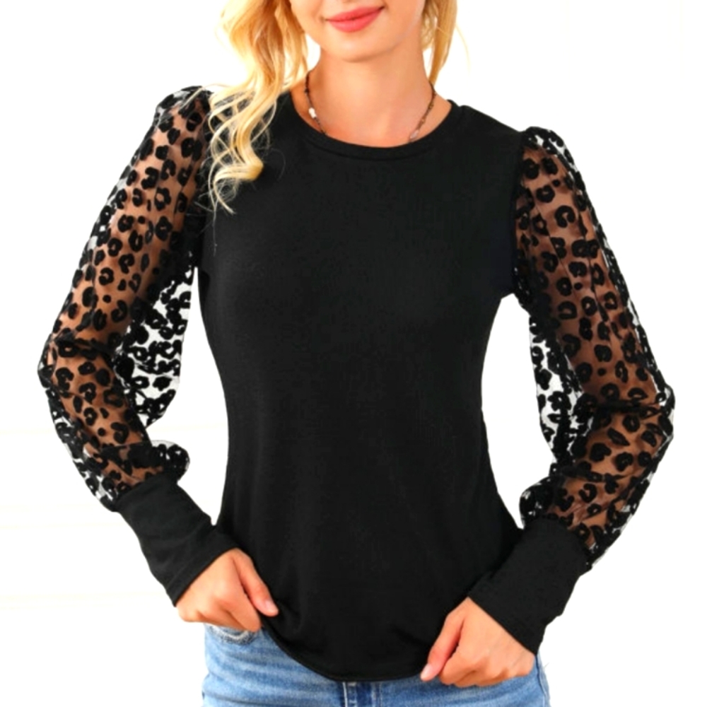 Black Mesh Puff Sleeve Top